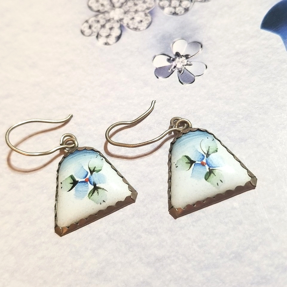 Vintage RUSSIAN Enamel Hand Painted Sterling Dangle Earrings - Picture 2 of 6